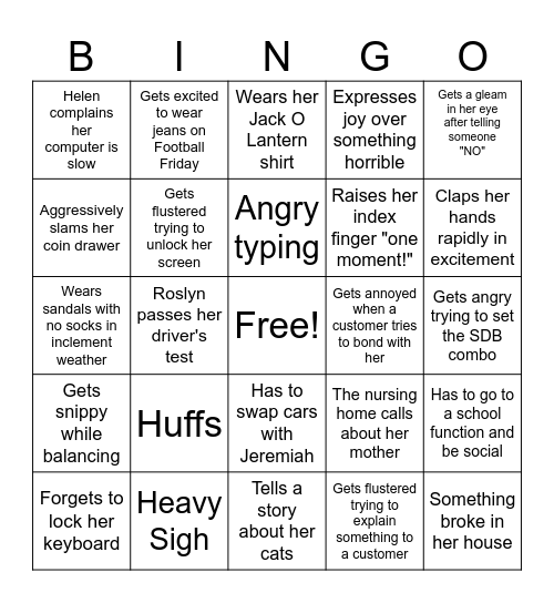 Helen Bingo Card