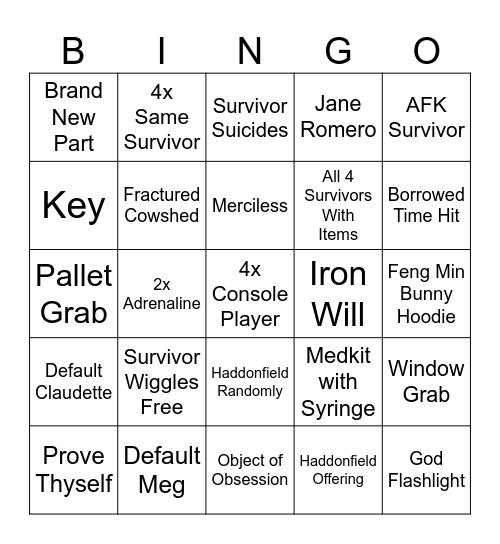 DBD Killer Bingo Card