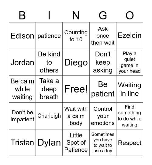 Patience Bingo Card