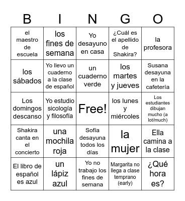 La clase y las actividades de los estudiantes Bingo Card