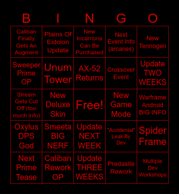 September 2024 Warframe Devstream Bingo Card