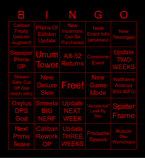 September 2024 Warframe Devstream Bingo Card