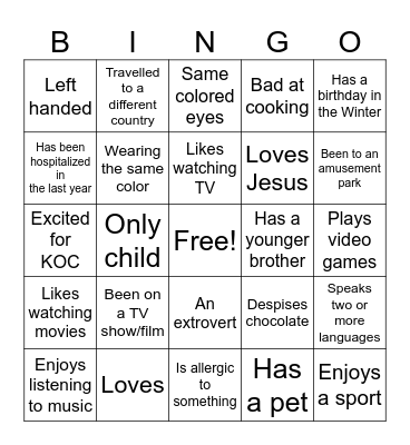 Characteristic Bingo Card