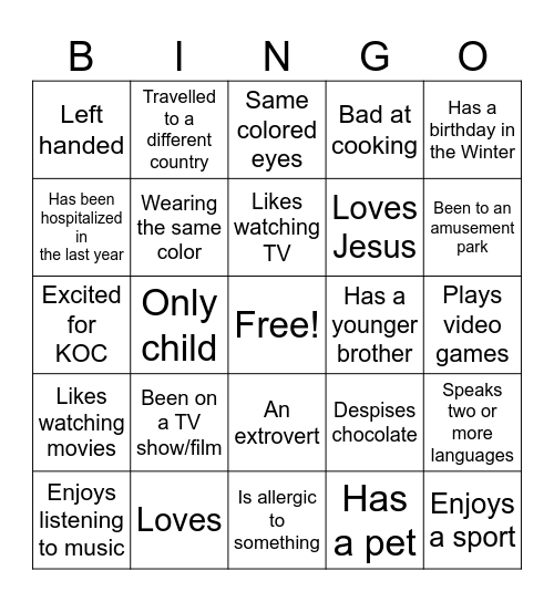 Characteristic Bingo Card