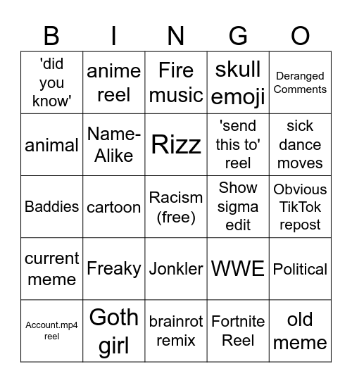 Instagram Reels Bingo Card