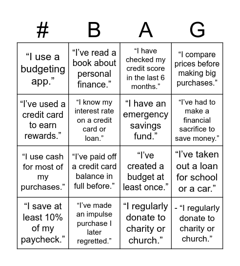 Financial Literacy Bingo Card