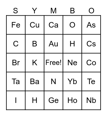 PERIODIC TABLE OF ELEMENTS Bingo Card