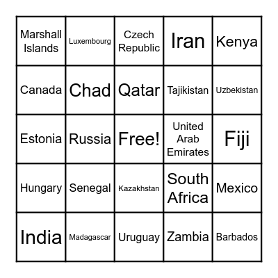 Countries Bingo Card