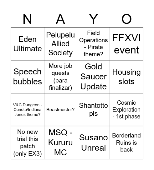 FFXIV PLL Predicts (?) Bingo Card
