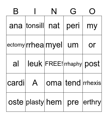 Medical Term Bingo Card