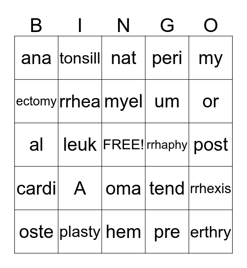 Medical Term Bingo Card