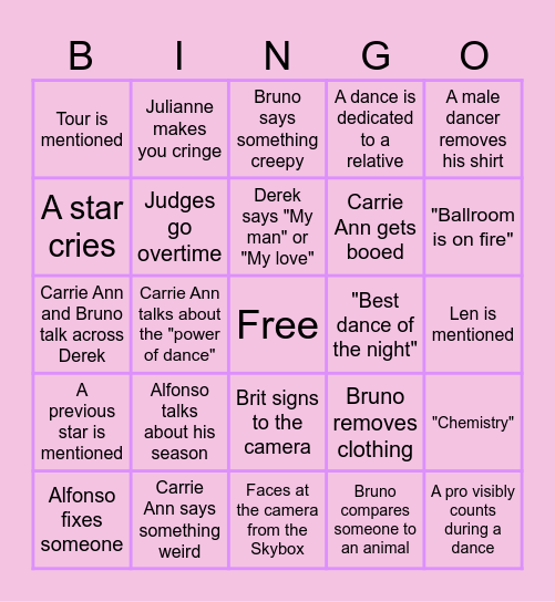 DWTS Bingo Card