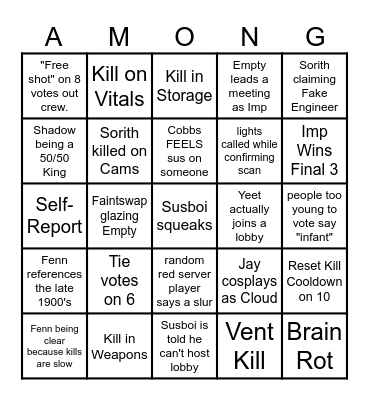 Among Us Bingo Card