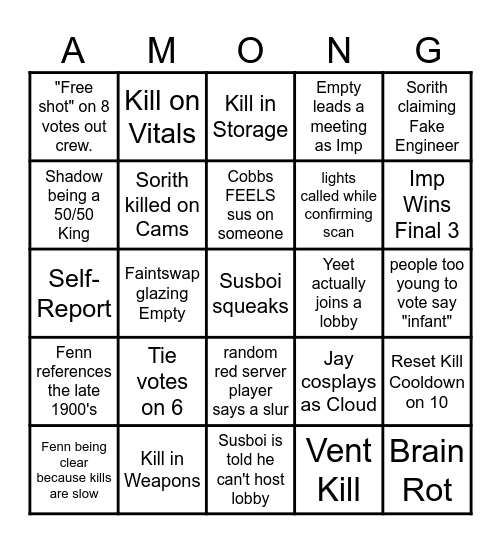 Among Us Bingo Card