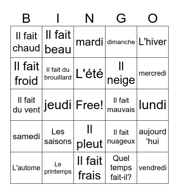La météo Bingo Card