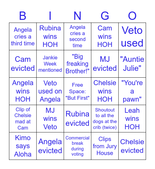 Big Brother 26 Double Eviction Night Bingo Card