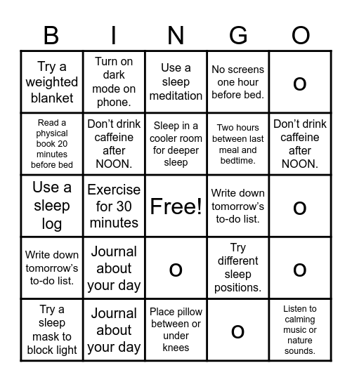 Mastering Sleep Hygiene Bingo Card