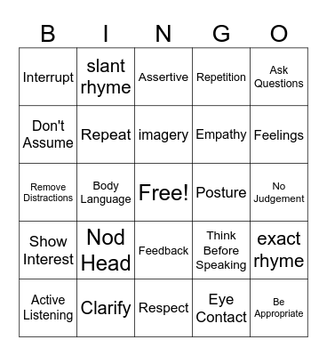 Active Listening Bingo Card