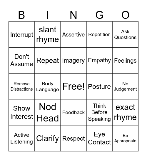 Active Listening Bingo Card