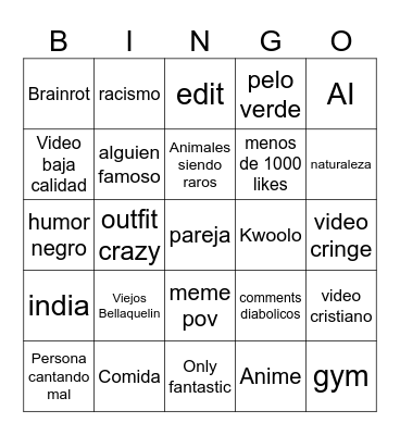 Instagram Bingo Card