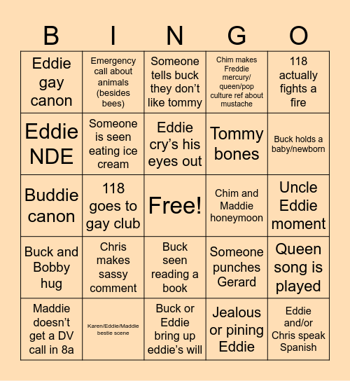 911 Season 8 Bingo Card