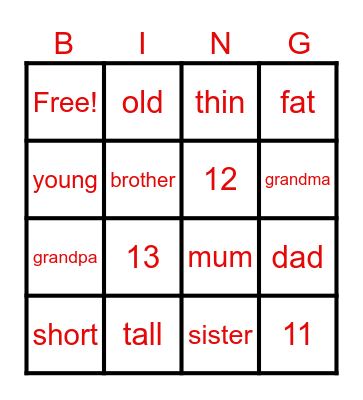 Family and Friend Bingo Card