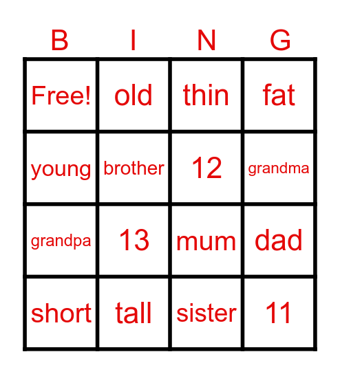 Family and Friend Bingo Card