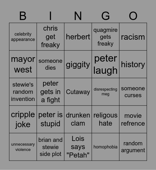 Family Guy Bingo Card