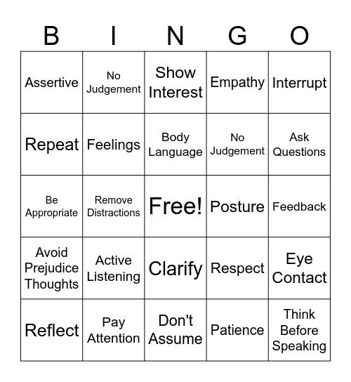 Active Listening Bingo Card