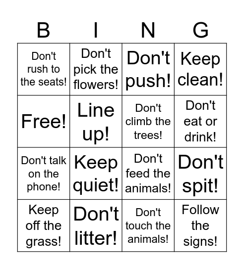 Follow the rules Bingo Card