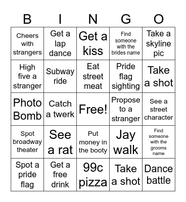 NYC Bachelor Bingo Card