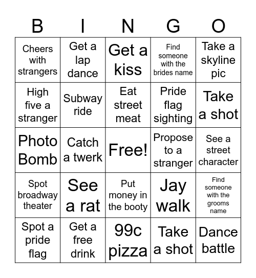 NYC Bachelor Bingo Card