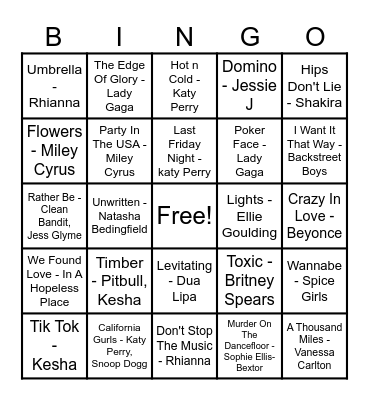 White Girl Bangers Bingo Card