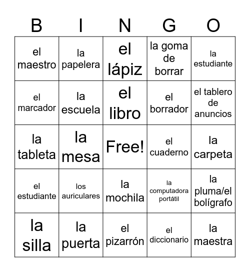 School Objects Bingo Card