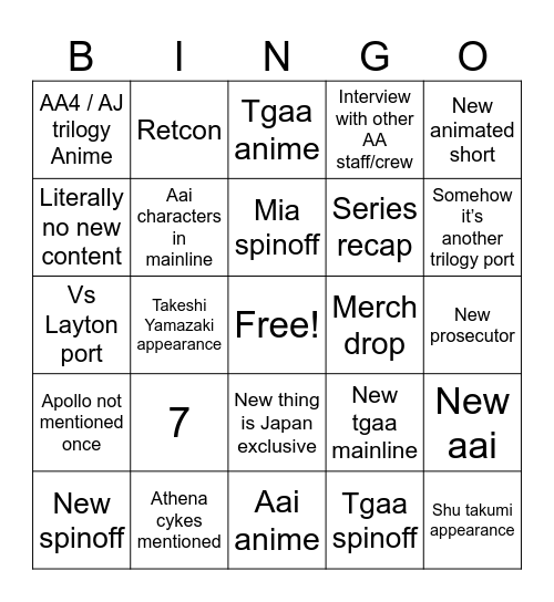 AA presentation Bingo Card