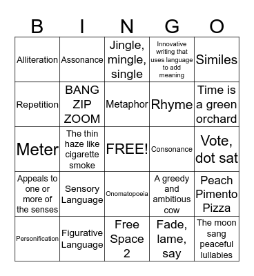 Poetry Terms Bingo Card