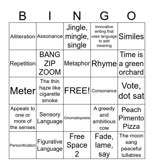 Poetry Terms Bingo Card