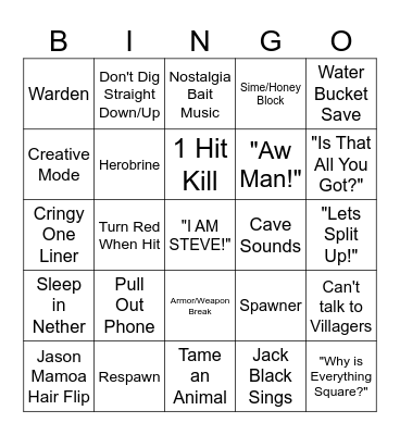 A Minecraft Movie Bingo Card