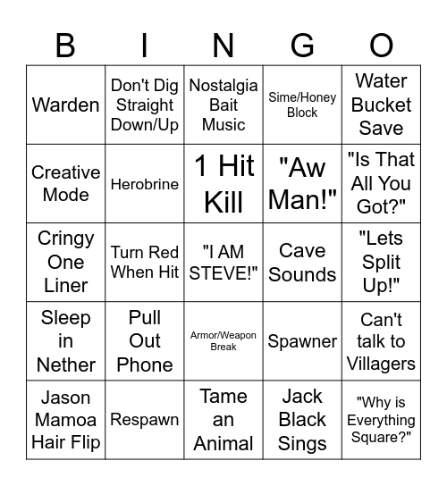 A Minecraft Movie Bingo Card