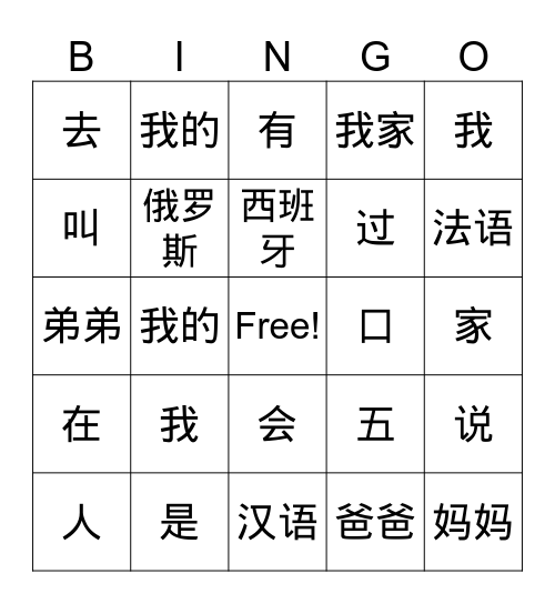 ZNX （翻转拼音）我是西班牙人我会说汉语法语我家有爸爸妈妈弟弟去过 Bingo Card