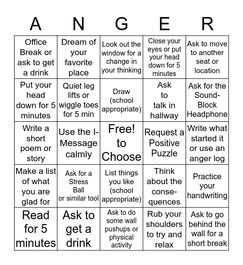 Anger Control Bingo Card