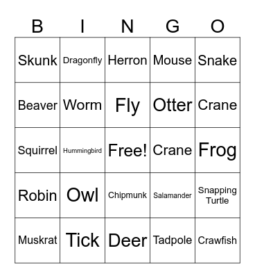 Wisconsin Wild Animals Bingo Card