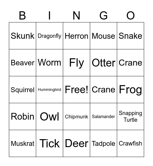 Wisconsin Wild Animals Bingo Card