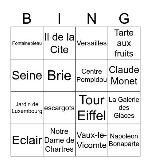 La Culture Bingo Card