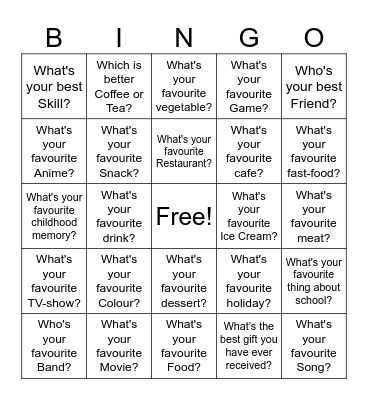 Hobbies and Favorites Bingo Card