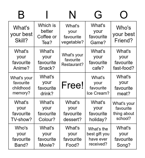 Hobbies and Favorites Bingo Card