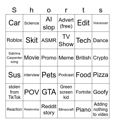 Youtube Shorts Bingo Card