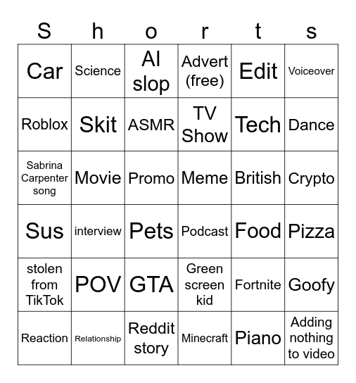 Youtube Shorts Bingo Card