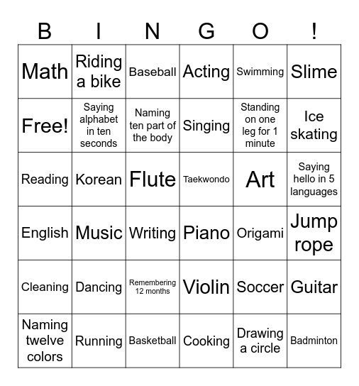 Abilities Bingo Card