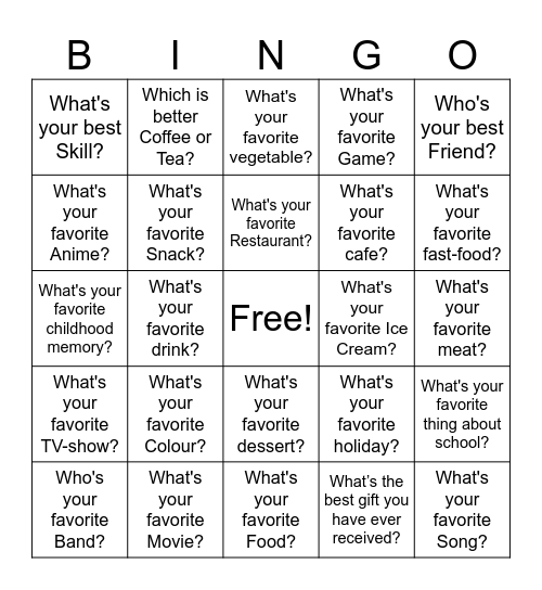 Hobbies and Favorites Bingo Card